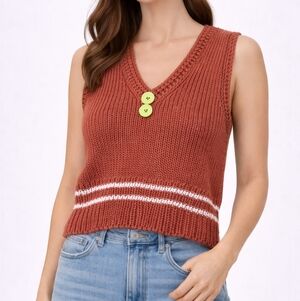 Hand Made Rust Knit Sleeveless Top with Buttons Small Xs Striped Red Earth Terra